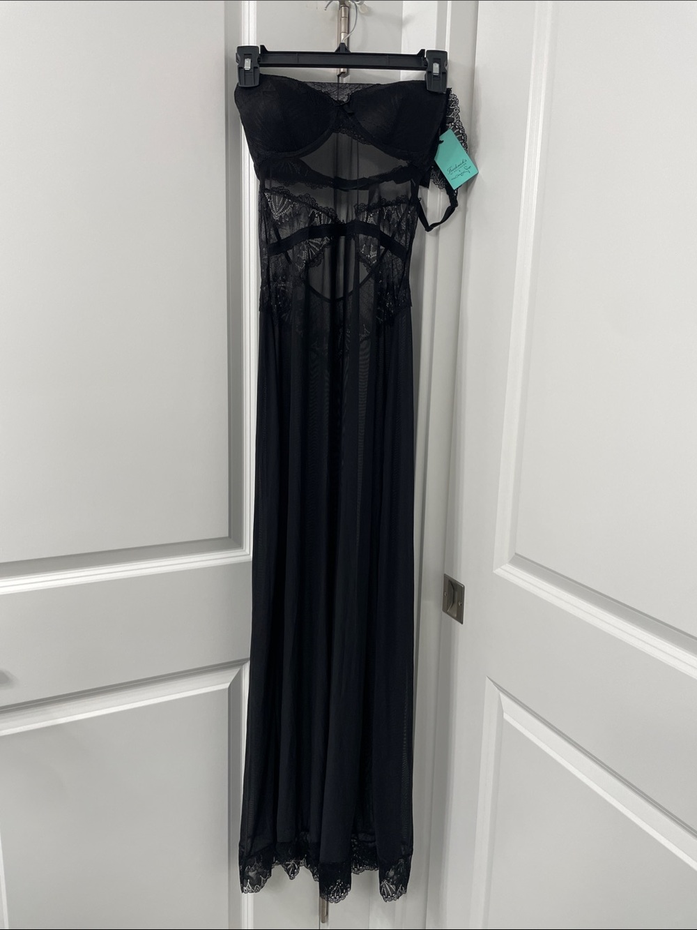 Frederick's of Hollywood Black One Shoulder Lace Long Sheer Nightgown